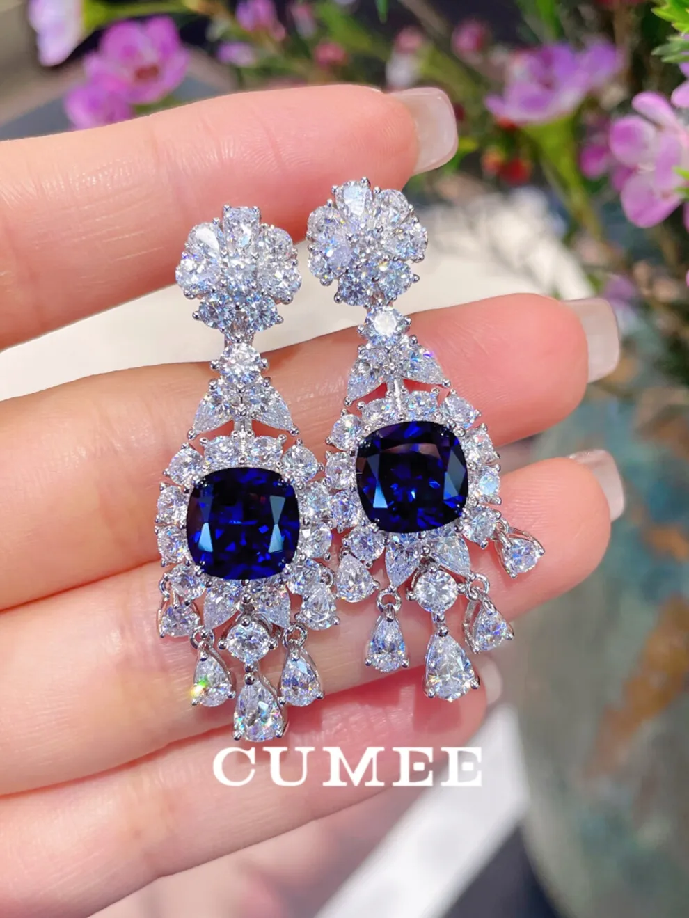 CUMEE. Pendientes de gota de amor para mujer, azul real de lujo cultivado, piedra preciosa azul sintética, chapado en plata, pendientes de oro, nuevo