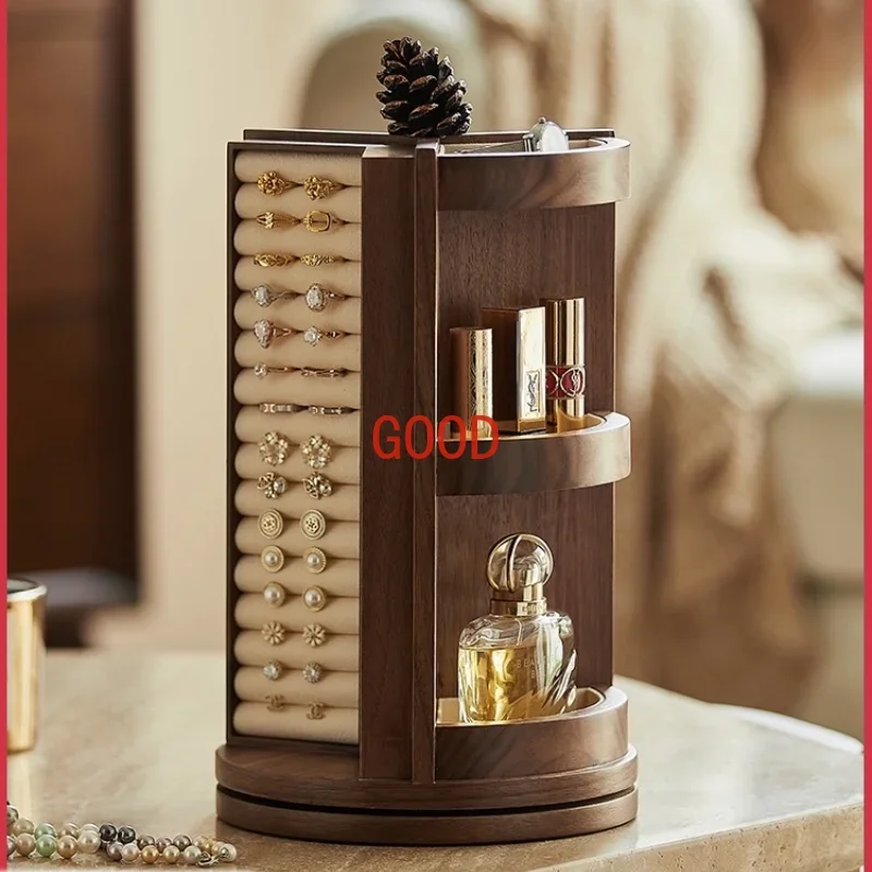 Black Walnut Solid Wood Rotating Jewelry Box Large Capacity High-Grade Delicate Earrings Ear Stud Necklace Ornament Storage Box