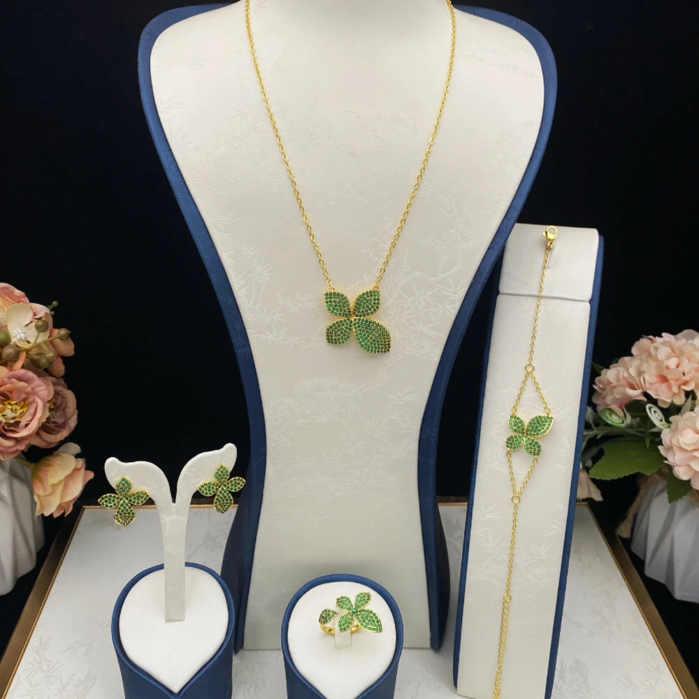 

JRH Four Leaf Clover Minimalist Gold Plated Copper Zircon Set Dainty Bangle Choker Stud Earrings for Wear Women Fashion