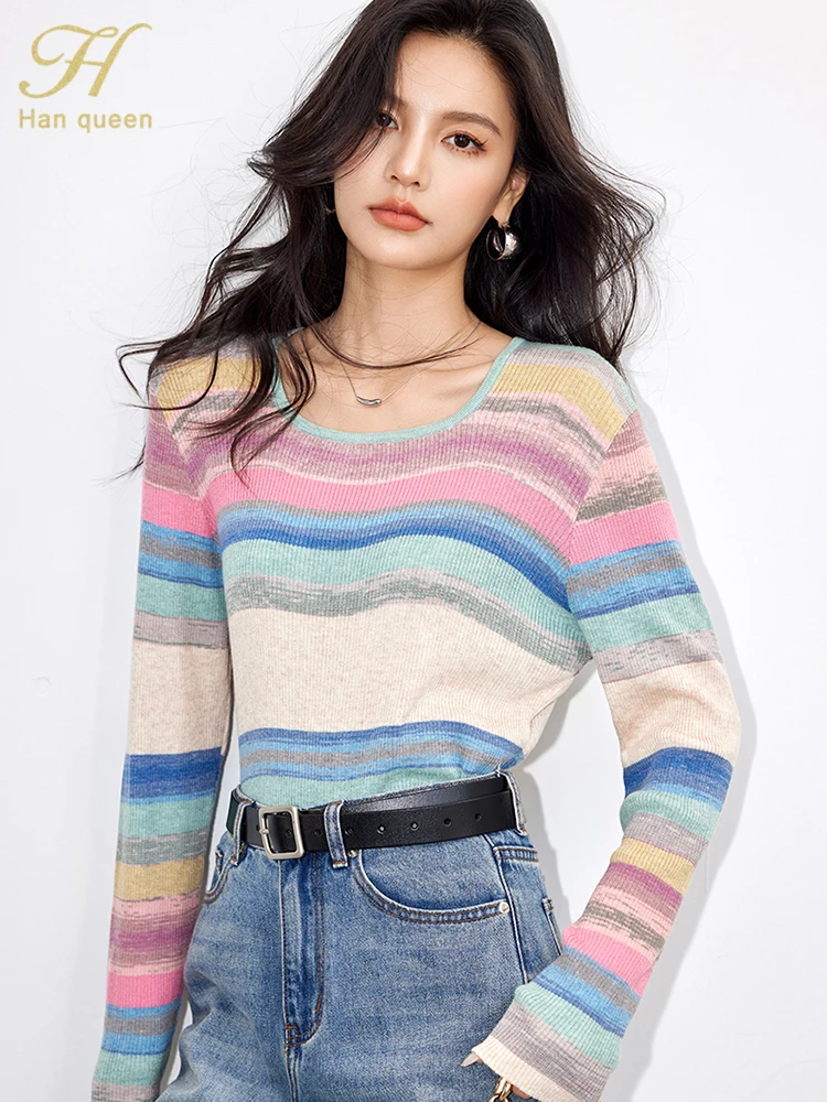 H Han Queen 2024 Autumn Korean Striped Knit Pullover T-Shirts Crop Top Vintage Casual Work Wear Office Fashion Women\'s Clothing