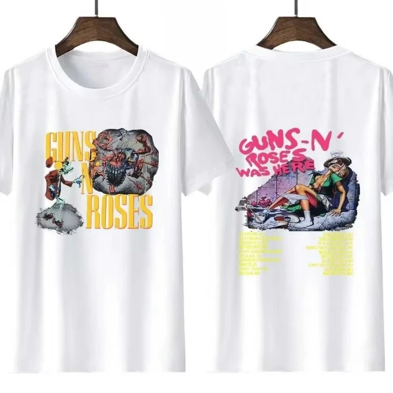 Koszulka 2025 New Retro Gun N' Roses Rock Band Here 1980 Tour Casual Damska Y2K Hip Hop Streetwear Krótki Rękaw