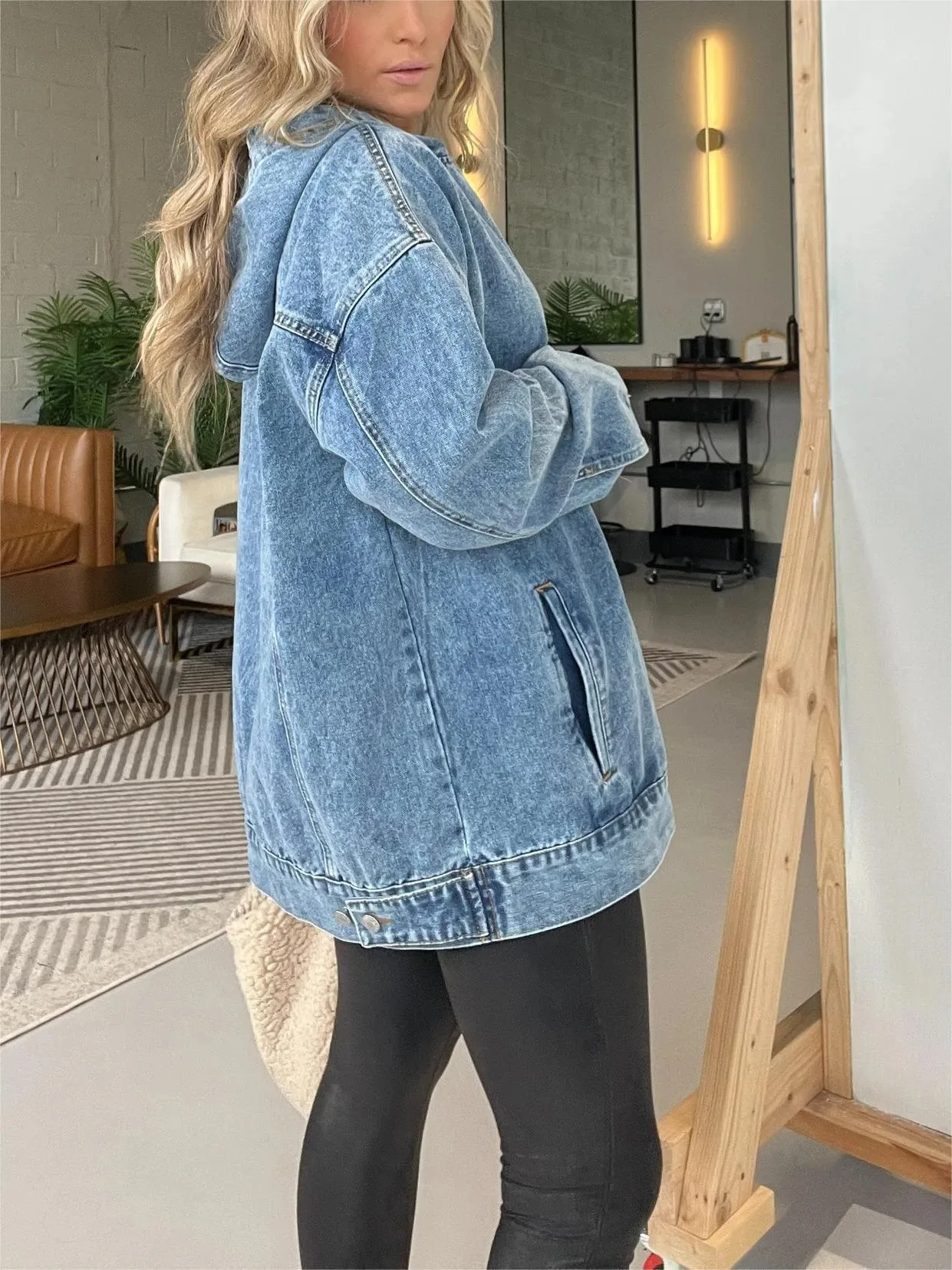 Midiross feminino primavera nova moda cor sólida solto com capuz jumper denim hoodie hipster manga longa denim hoodie