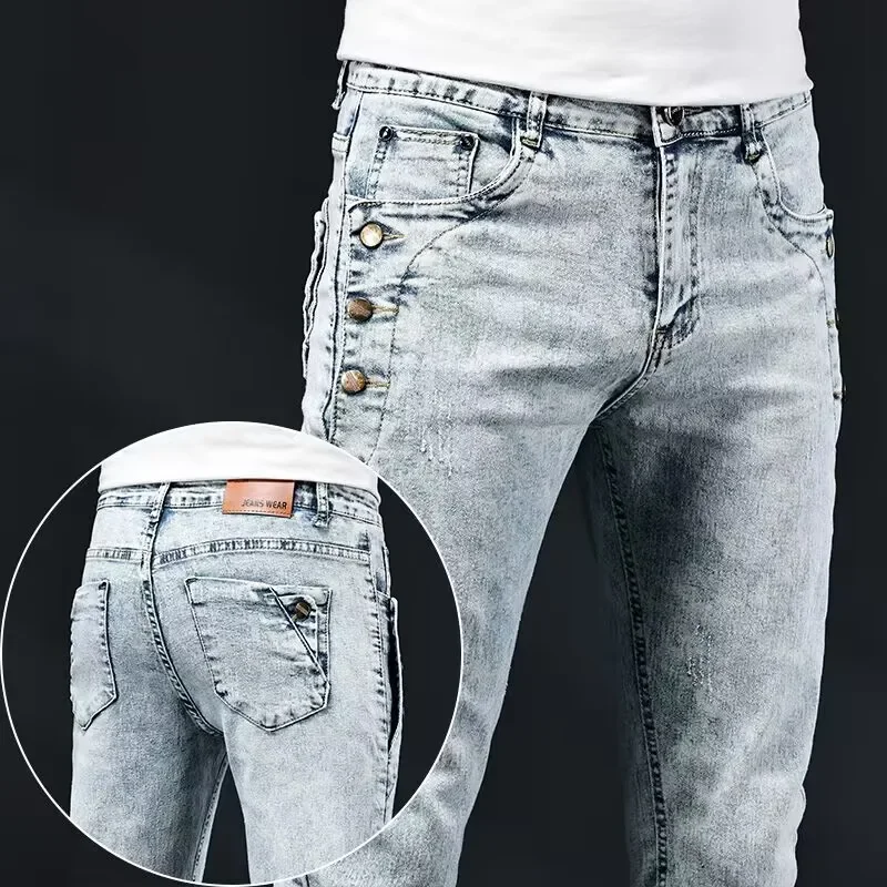 

Men Slim Jeans New Elastic Korean Skinny Design Multi-Button Pants Fashion Vintage Wash Stretch Denim Trousers Blue White