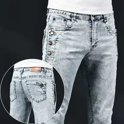 Men Slim Jeans New Elastic Korean Skinny Design Multi-Button Pants Fashion Vintage Wash Stretch Denim Trousers Blue White