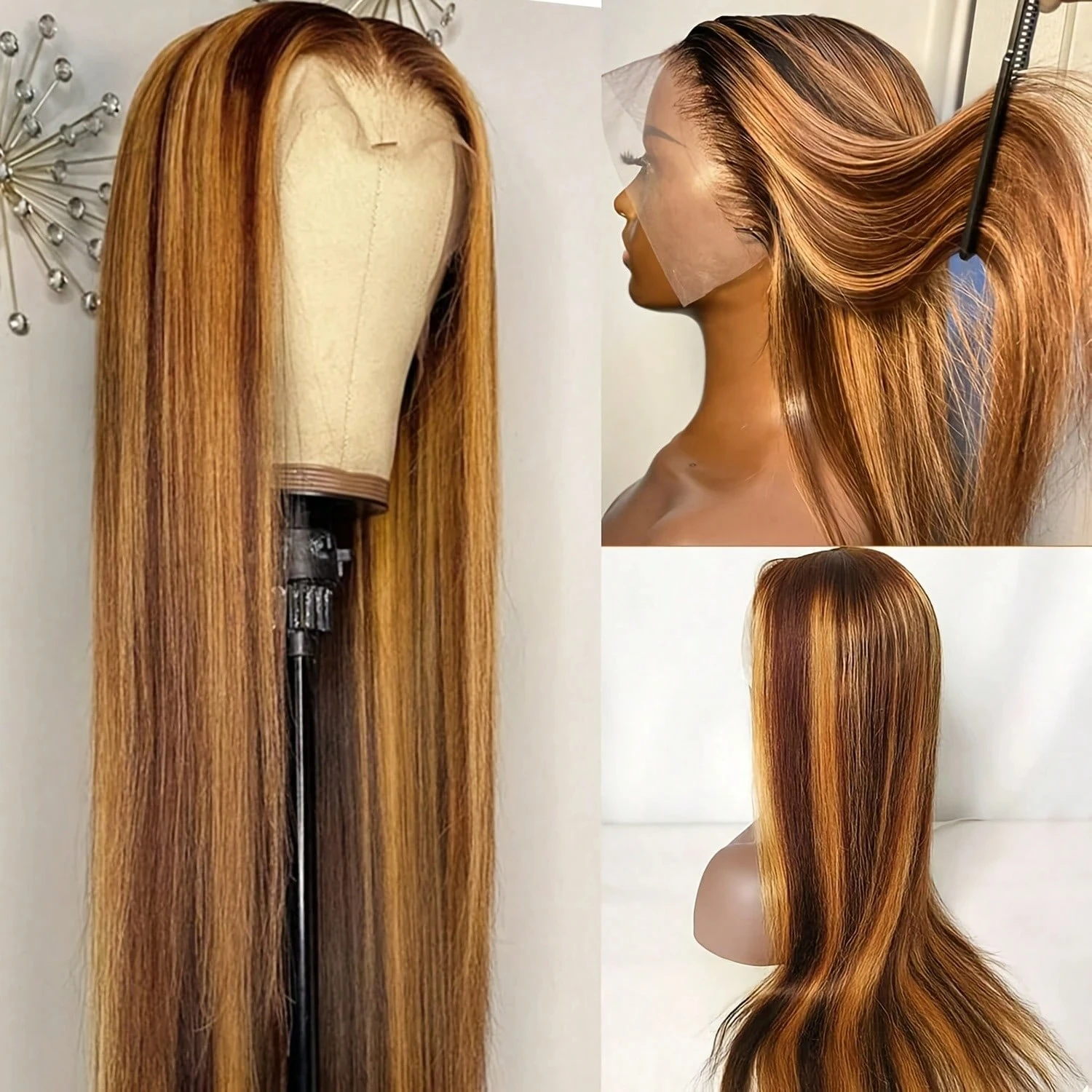

#4/27 Highlight 13X6 Hd Lace Frontal Wig 40 Inch Bone Straight 100% Human Hair 250 Density For Women PrePlucked Brazilian Wig