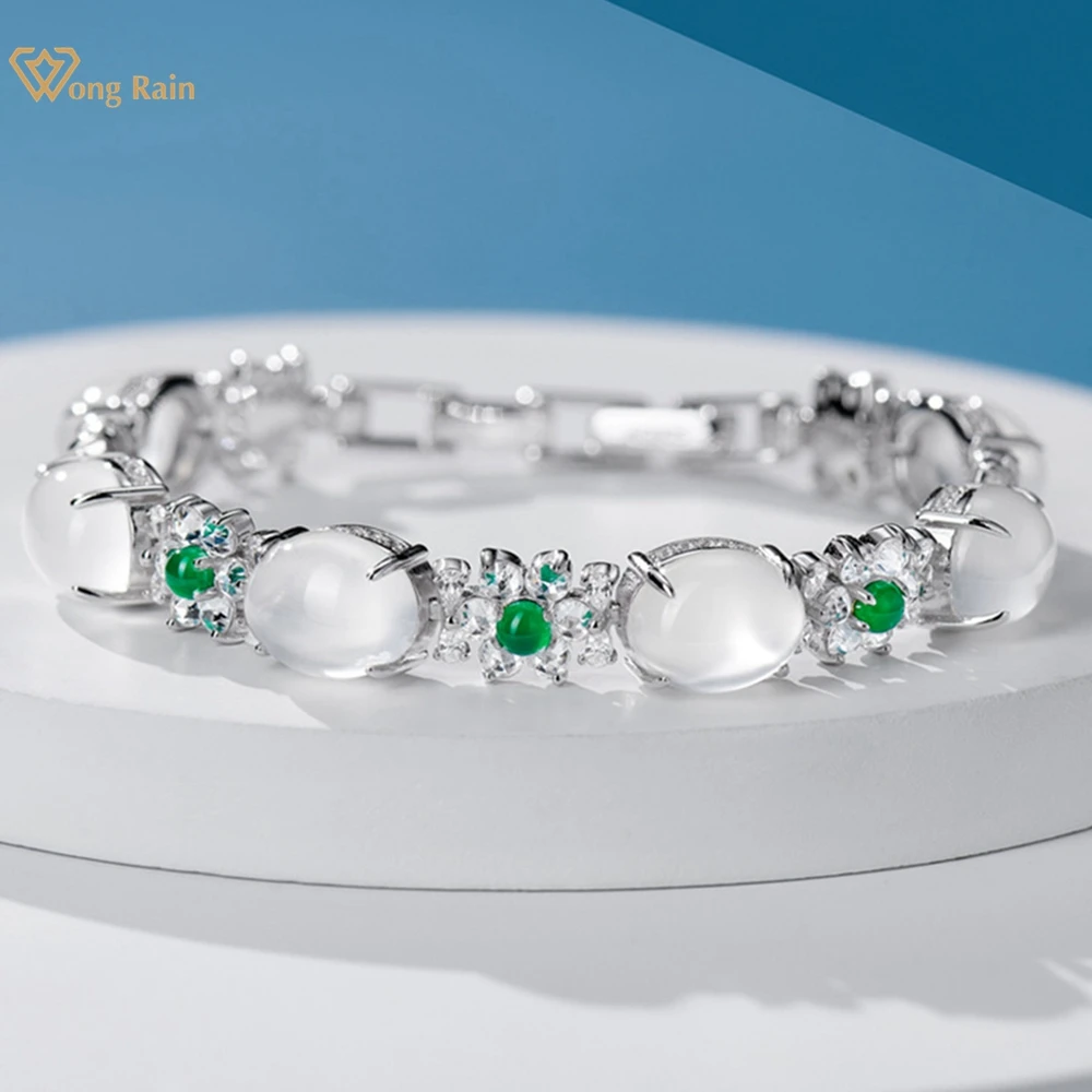 Wong Rain Elegant 925 Sterling Silver 8*10 MM Oval Jade High Carbon Diamond Gems Bracelets Bangle Anniversary Gifts Fine Jewelry