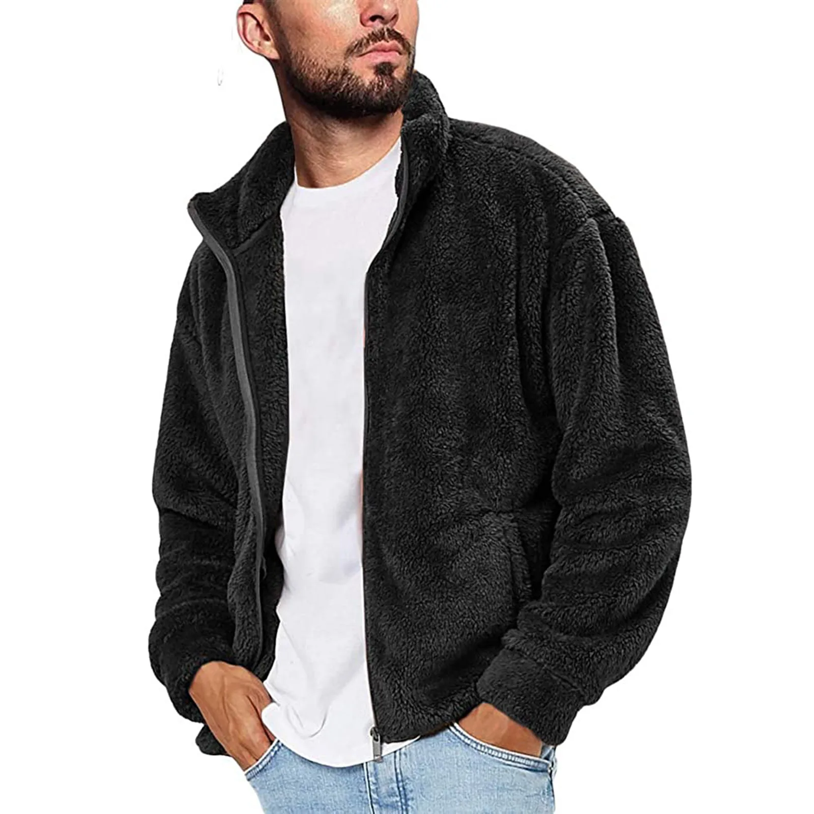 Men'S Fashion Winter Velvet Jacket Coats Zipper Double-Sided Plush Polar Fleece Outerwear Outdoor Causal Warm Cardigans For Male