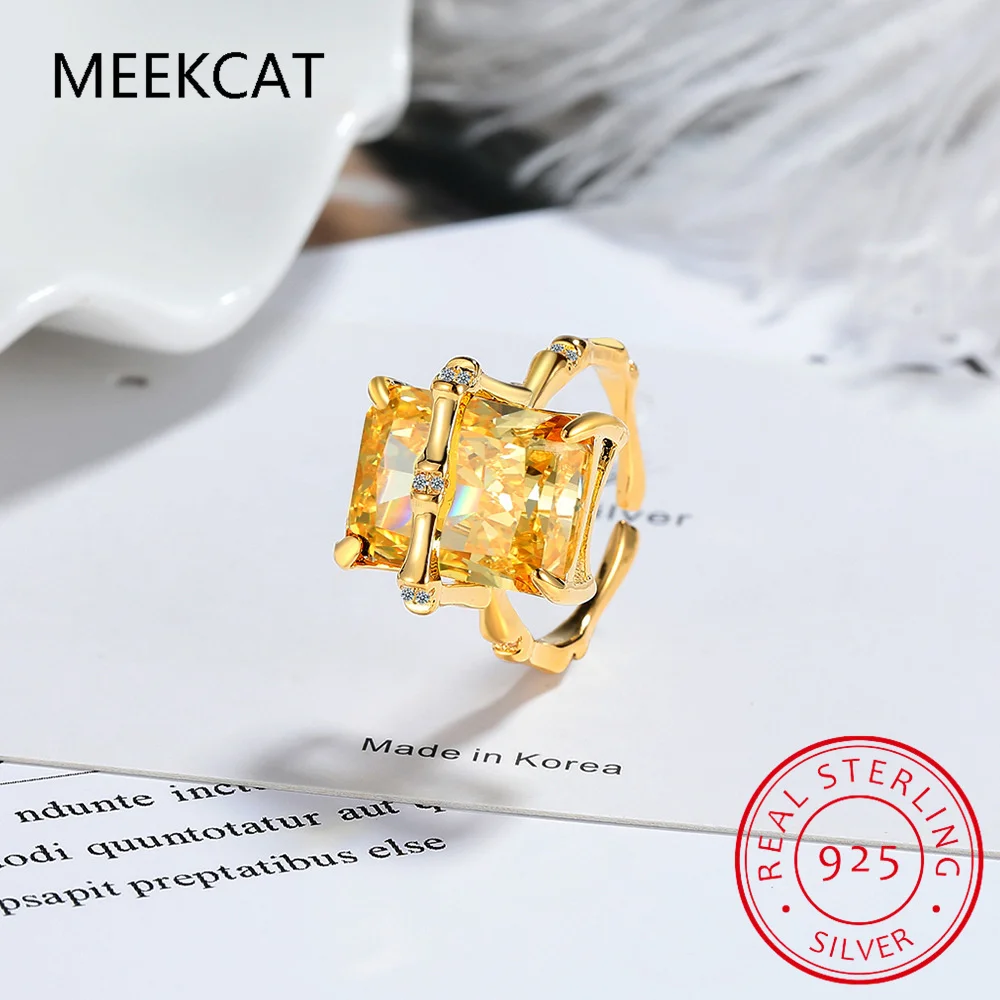 Emerald Cut Yellow Genuine Natural Citrine 925 Sterling Silver Bamboo Ring for Women Rectangle Gemstone Solitaire Fine Jewelry view 3