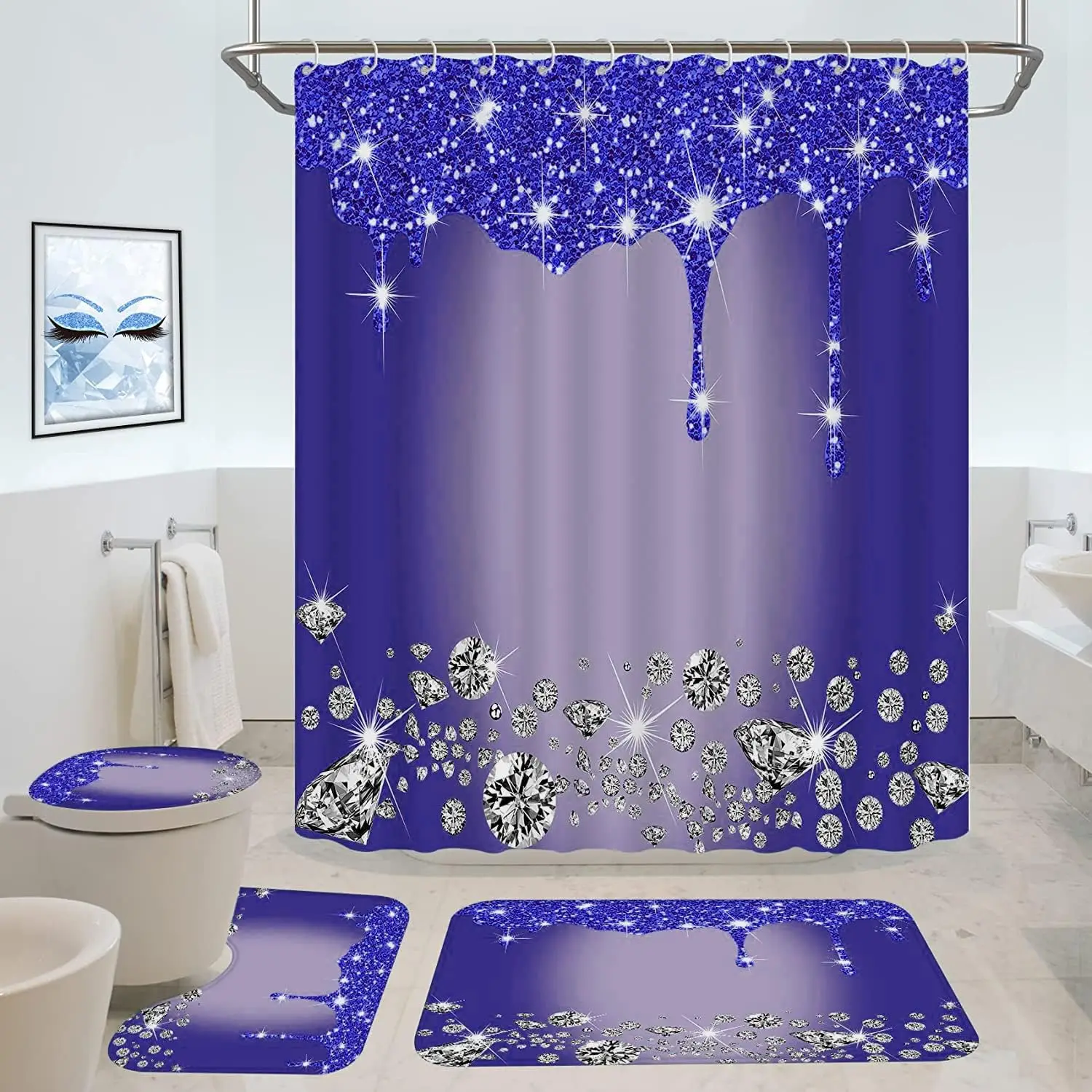 

Purple Diamond Shower Curtain Sets Modern Bathroom Curtains With Shiny Diamond Bathroom Decor Carpet and toilet Seat Covers