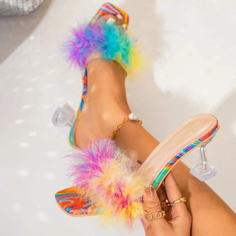 

Summer High Heels Feather Faux Fur Women's Slippers Sexy Square Toe Clear Crystal Shoes Stiletto Peep Toe Slides Women Sandals