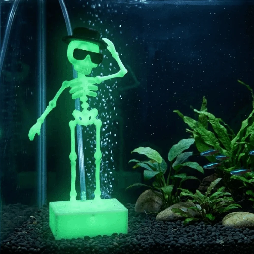 3D Printed Dancing Skeleton Aquarium Bubbler Plastic Wear Hat Sunglasses Dynamic Skeleton Bubbler Gothic Air Driven