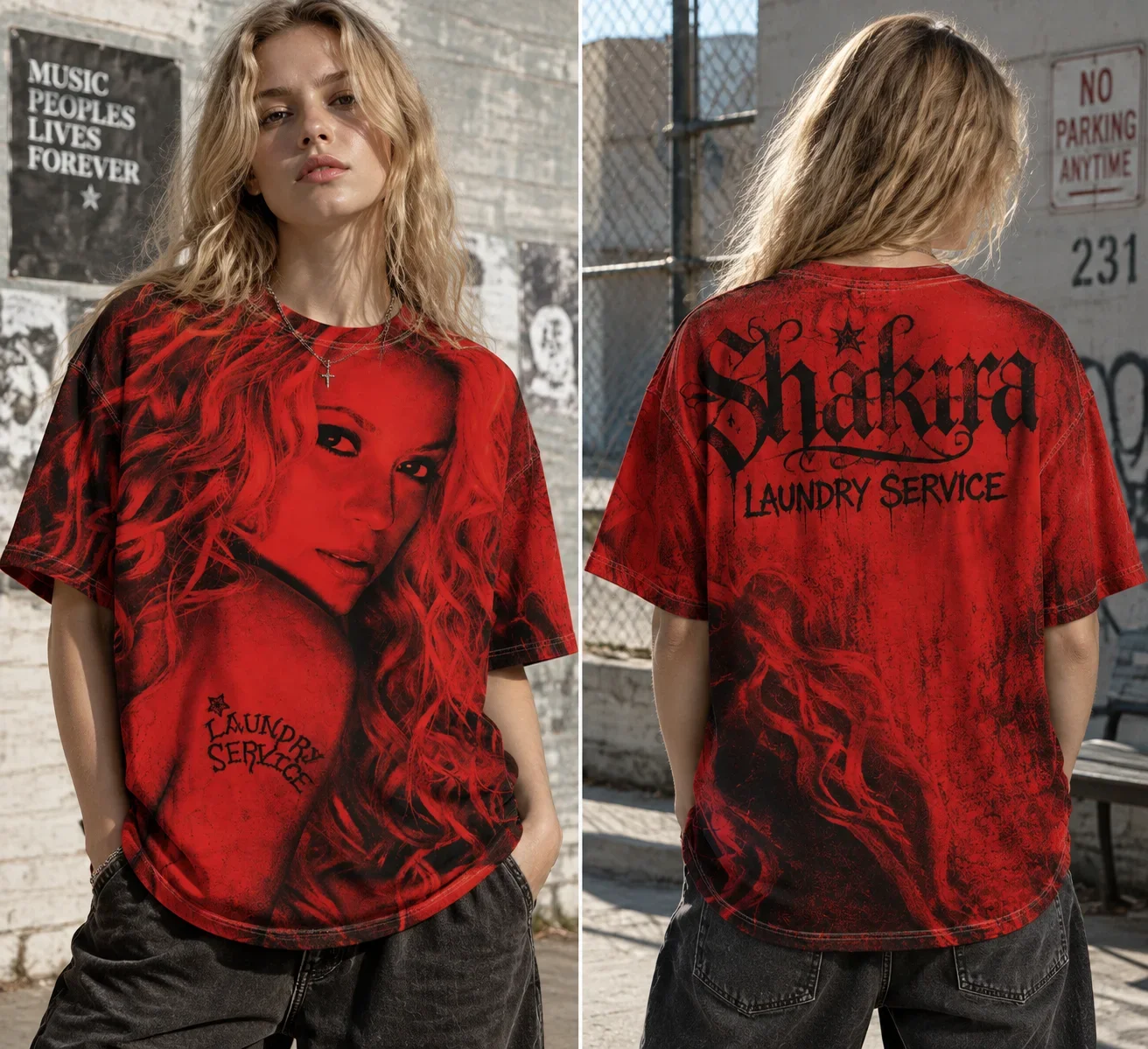 Unisex Shakira Laundry Service Vintage Distressed Tee, Y2K Gothic Street Casual Oversized Short Sleeve Red Portrait For Fans