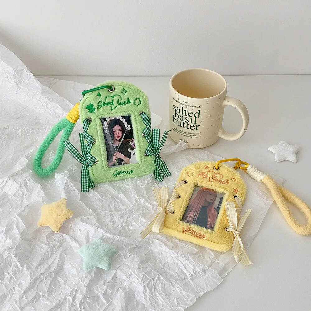 Cute Girls Ribbon‑Tied Plush Photocard Holder DIY 3‑Inch Display Case With Ribbon Lanyard Student Card Pouch
