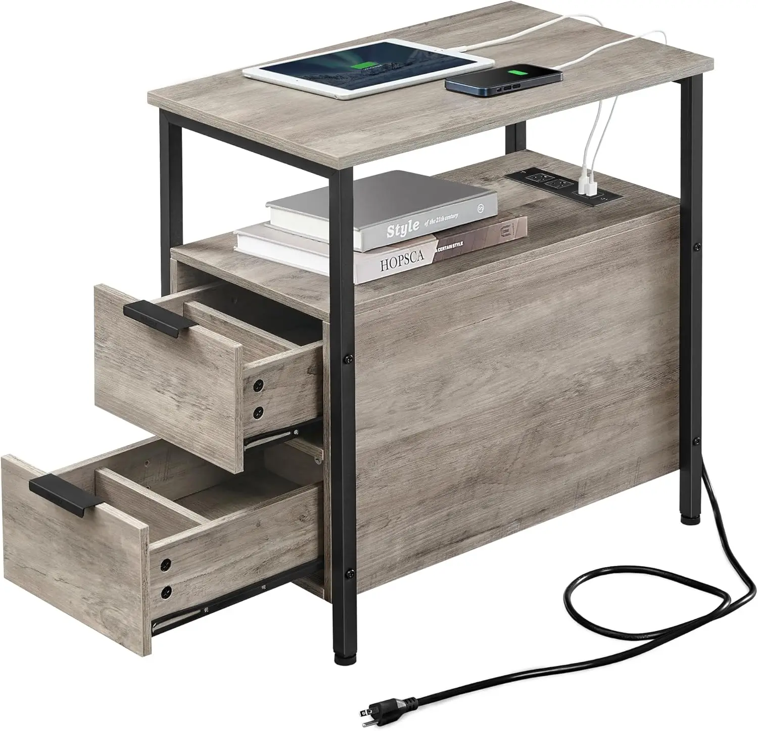 

Side End Table with Charging Station, Slim Nightstand with 2 Drawers, Narrow Bedside Table for Living Room, Small Spaces, Hea