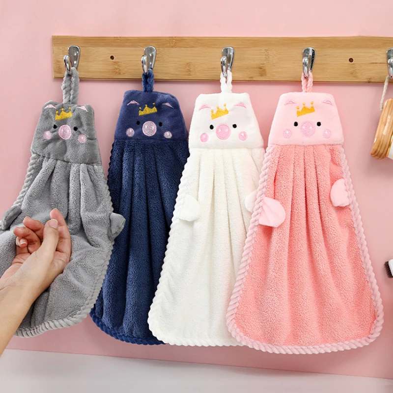 Cute Pink Pig Hanging Hand Towel 100% Cotton Rag Bedroom Kitchen Bath Small Soft Hand Towels for Children Kitchen Kid Wholesale