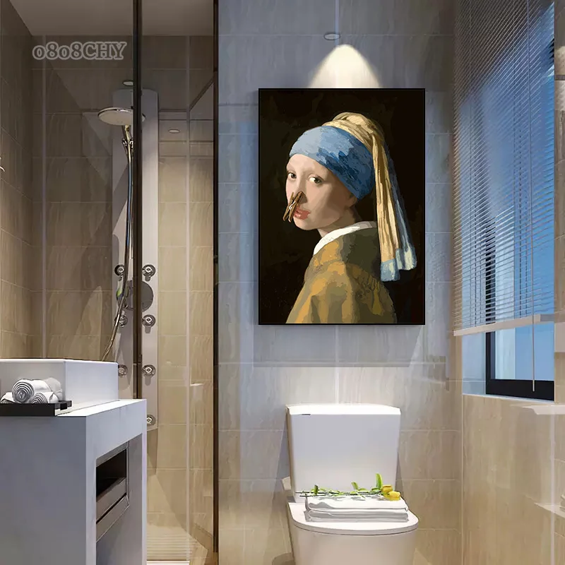 Funny Portrait Bathroom Canvas Posters Mona Lisa Bathroom Meme Funny Toilet Canvas Prints Paintings Unique Home Bathroom Decor