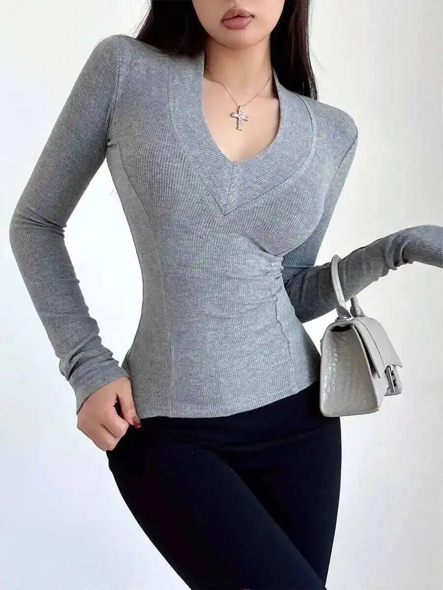 عميق الخامس الرقبة حار فتاة طويلة الأكمام الكتف تي شيرت للنساء ، سليم مثير التخسيس ، قاعدة قميص علوي تيز أزياء المرأة U5LM #6