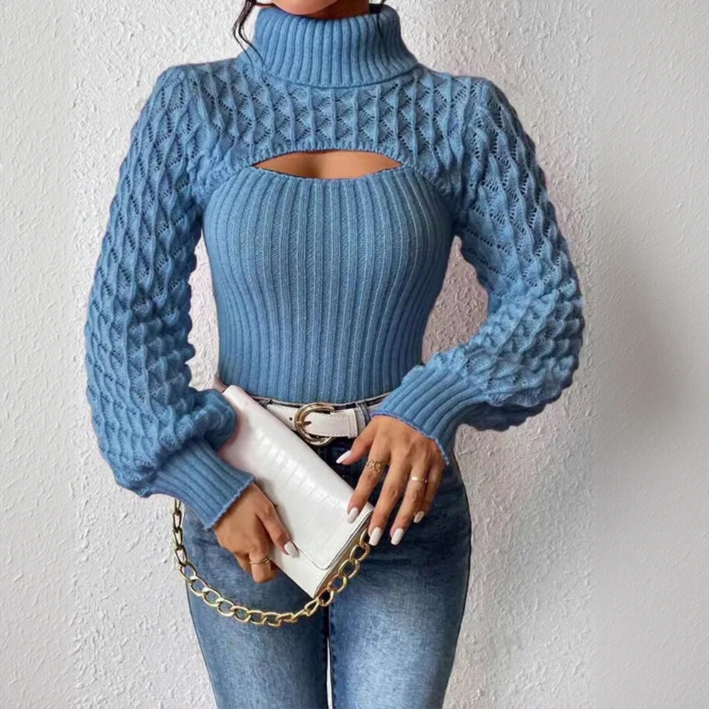 

Blue Turtleneck Knitwear for Women Autumn Winter Slim Fit Fashion Sexy Twist Lantern Sleeve Cut out Design
