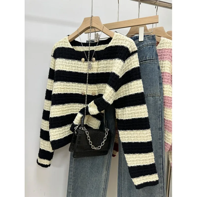 

Полосатый свитер, осенний короткий стиль, ленивый стиль, мягкий восковой кардиган, пальто, французский свитер контрастного цвета