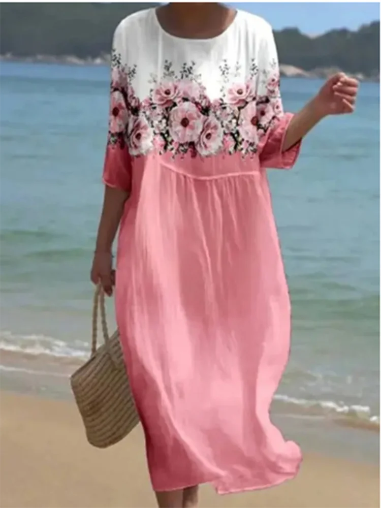 Simple Round Neck Flower Print Dress Women Loose T-Shirt Style Dresses Summer Party Dress Robe