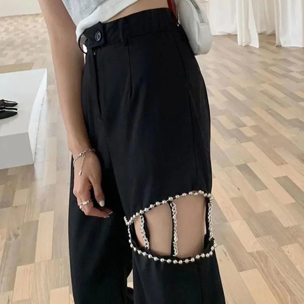 High Waist Pearl Chain Wide Leg Pants Women's Spring Autumn Loose Wide Leg Trousers Female Casual Hole Long Pantalones Mujer