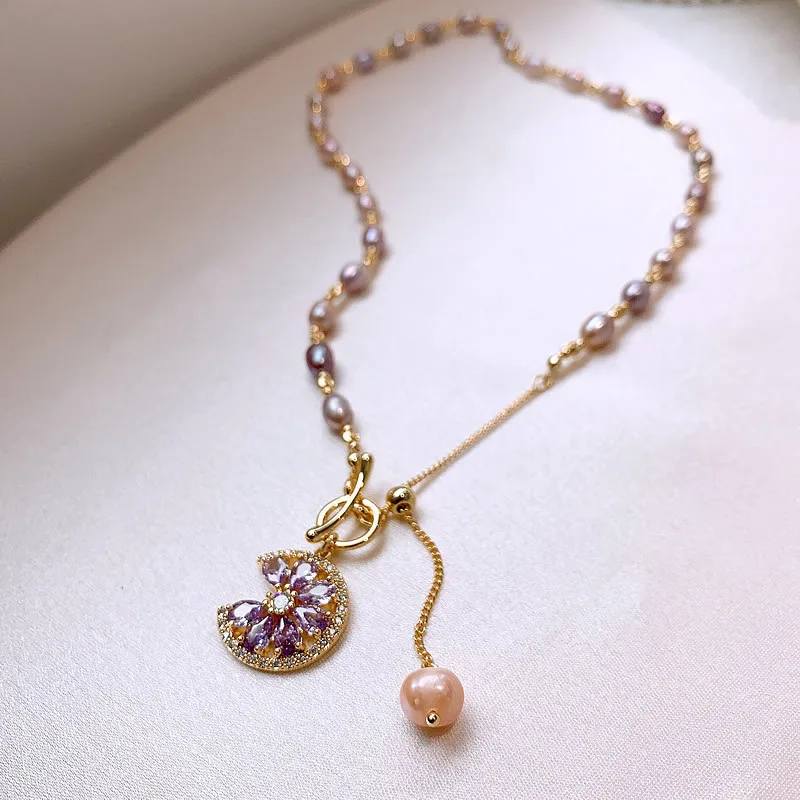 New Arrival Sweet Shiny CZ Zircon Flower Natural Freshwater Pearl 14K Gold Filled Female Pendant Necklace Jewelry For Women Gift