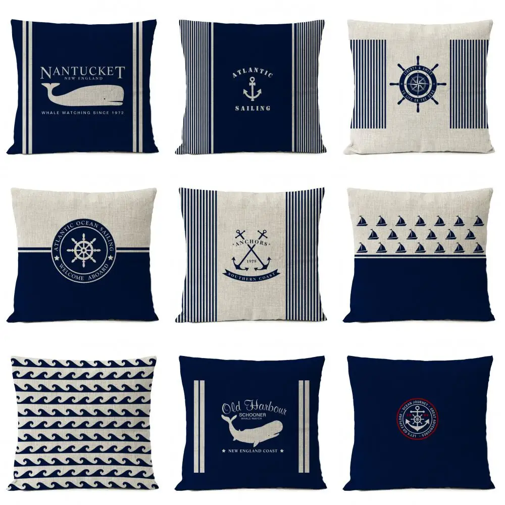 Home Decorative Navigation Blue Compass Anchor Pillow Cover Nautical Shell Fish Linen Pillow Case Mediterranean Cushion Cover 45