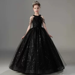 Teen Girls Formal Black Dress Children Glitter Sexy Halter Tutu Party Ball Gown Kid School Graduation Ceremony Long Prom Dresses