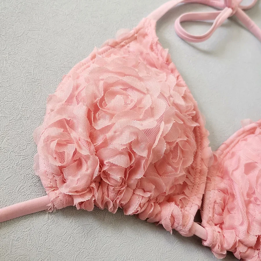 2025 Новый сексуальный комплект бикини из 3 предметов для женщин, пляжная юбка с 3D цветком, купальник, пляжный розовый треугольный купальник с открытой спиной, накидка на стринги, купальник