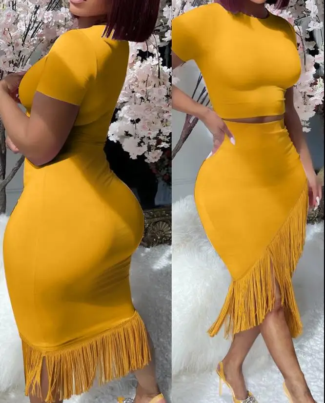 Women's Urban Style Suits 2024 Spring Summer Latest Round Neck Short Sleeve Top & Tassel Design Skinny Wrap Buttocks Skirt Set