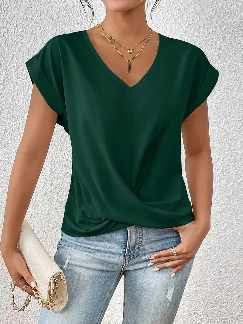 Fashion Pleated Hem V Neck Pullover T-Shirt Women Daily Solid Color Casual Commuter Tops Summer Folded Short Sleeve Female Tees