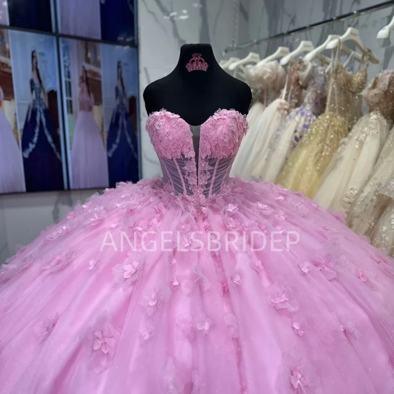 فساتين ANGELSBRIDEP-Mexican Pink Quinceanera ، ثوب الكرة ، مشد زهور تول ، 16 فستان حلو ، أربطة ، 15 سنة