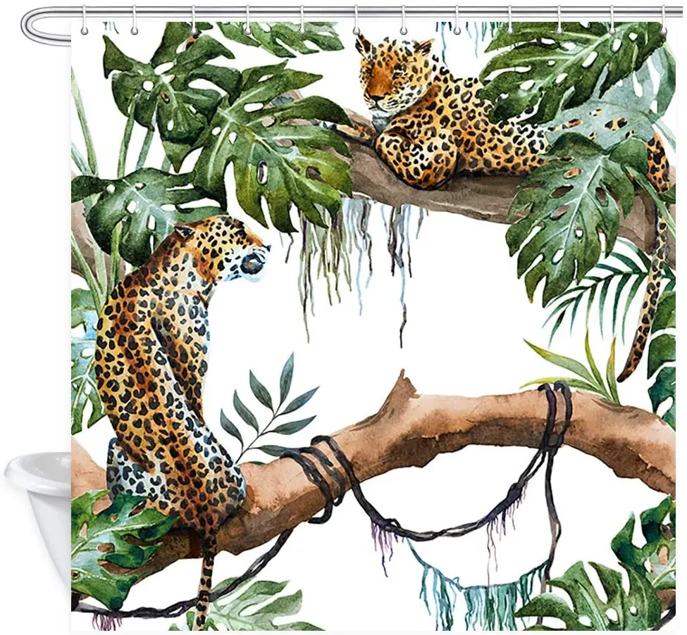 Animal Shower Curtain Watercolor Tropical Leopard Pattern Polyester Fabric Bath Bathroom Curtains with Hooks