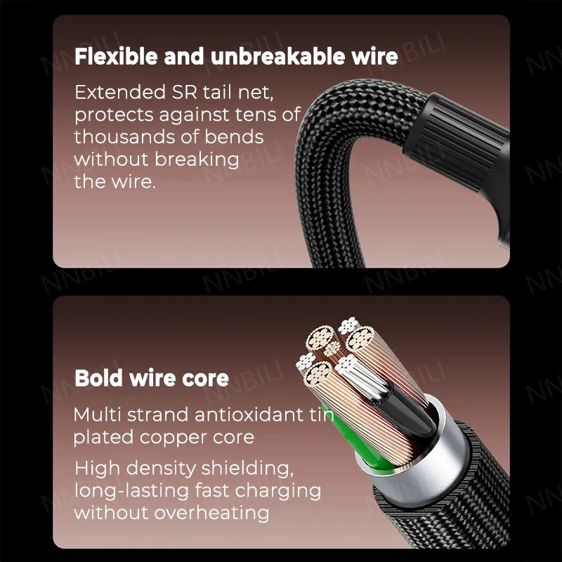 NNBILI Dual Type C PD 120W USB C إلى C سلك بيانات شحن سريع من النوع C شحن سريع لجهاز MacBook iPad iPhone 17 16 Samsung Xiaomi