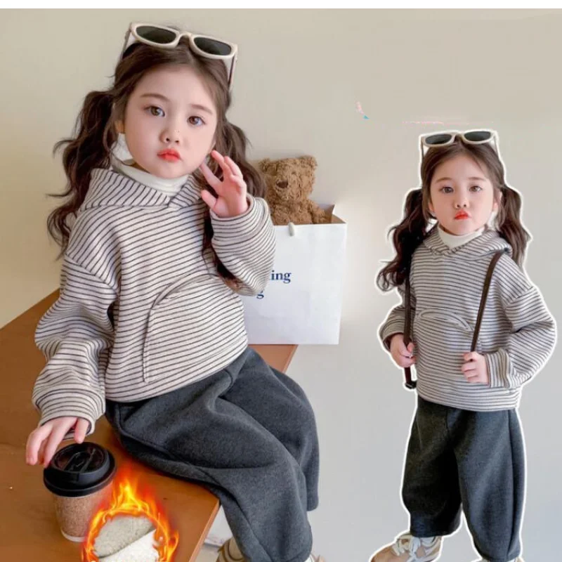 

Hot Girls' Stripe Two Piece Set Sportswear Pants Tops New Style Girl Baby Hoodie and Children's Autumn Winter Kawaii Casual Coat