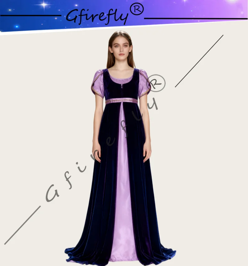

Bridgerton Season Dress Medieval Regent's Tea Party Dress, Purple and Black Long Dress Stage Performance Cosplay Dress