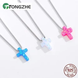 TONGZHE Opal Necklace Silver 925 Sterling Necklace Woman Blue Cross Chains Jesus Charm Opal Necklace Pendants Women&30
