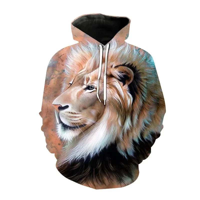 New Men Fashion Hooded 3D Printed Animal Lion Hooded Sweatshirts Casual Loose-fitting Long-sleeved Pocket Hooded Tops