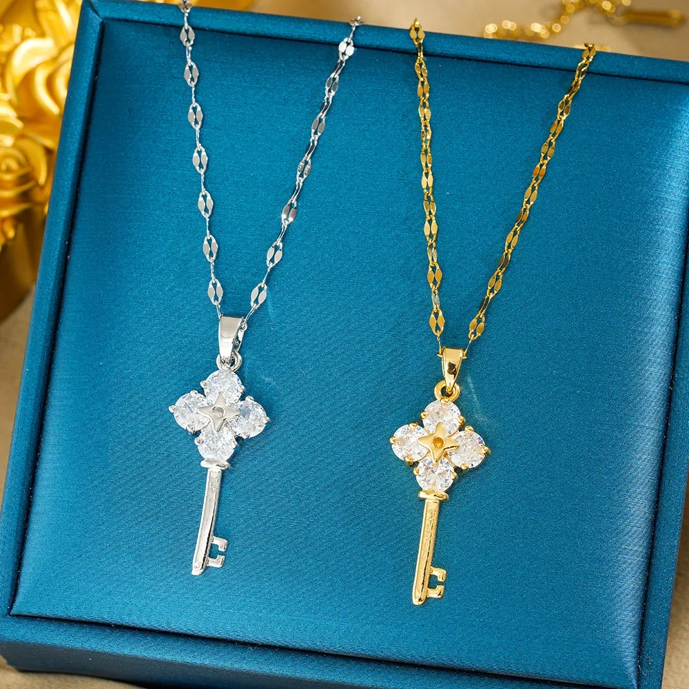 Женская индивидуальная золотая цепочка на ключицу, универсальное и модное ожерелье из титановой стали, цирконовый ключ