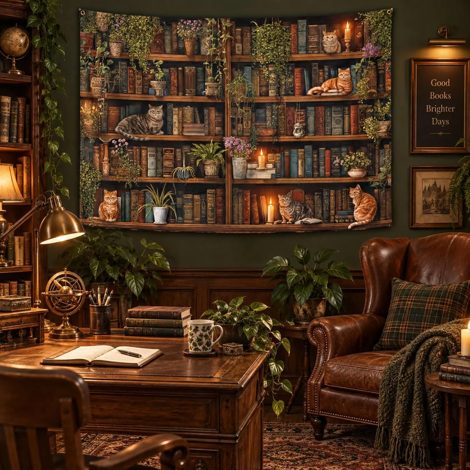 Wall Tapestry Hanging Bedroom Tapestry Magic Library Green Nature Plant Bookshelf Vintage Retro Witchy Gothic