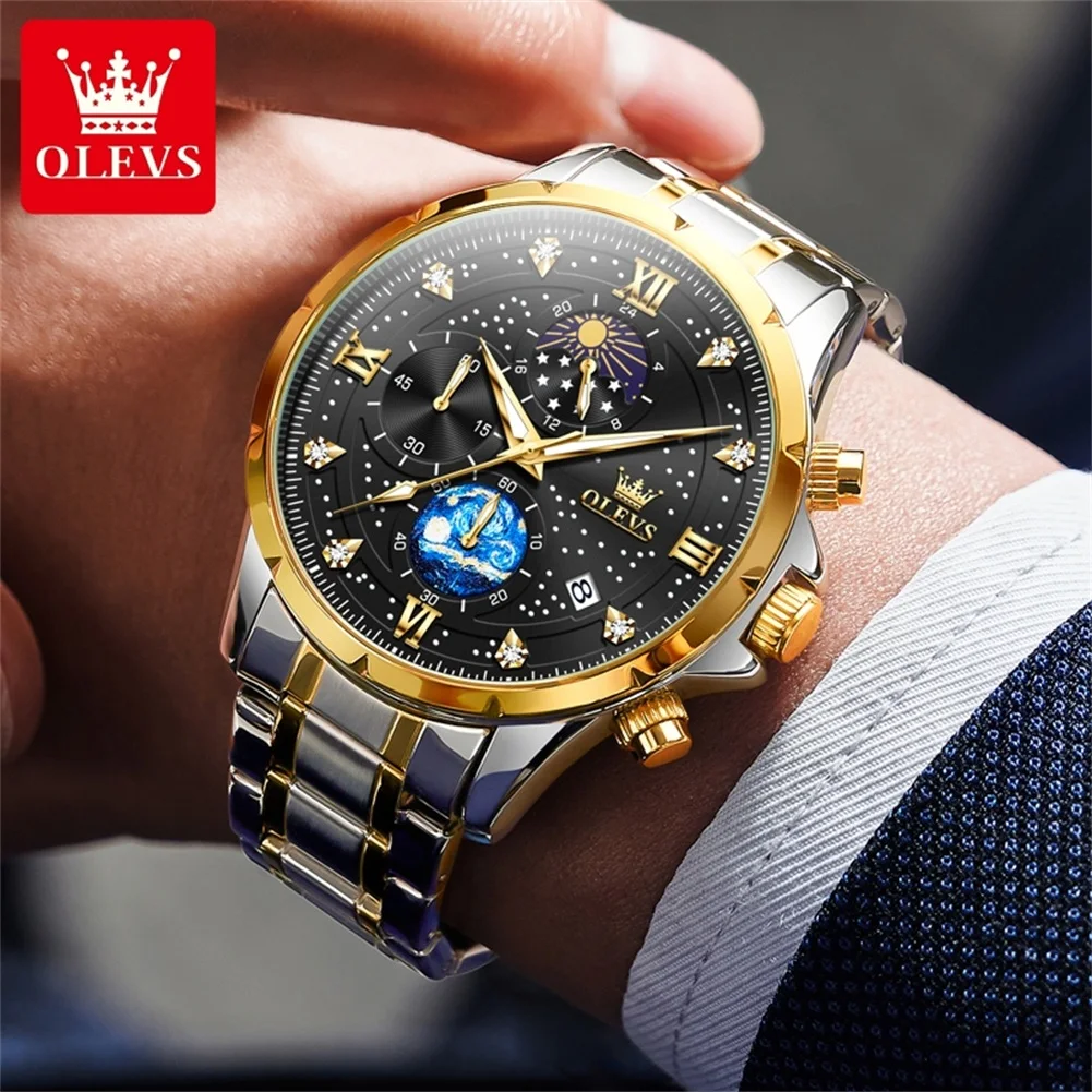 OLEVS 9807 Men\'s Watches Luxury Fashion Starry Sky Dial Chronograph Moon Phase Waterproof Original Quartz Wristwatch for Men New