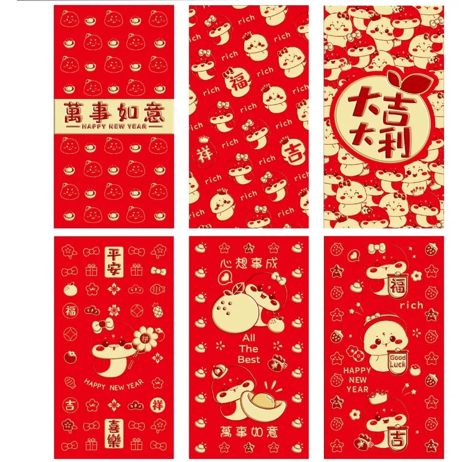 

Красные конверты с милым мультяшным шаблоном, 36 шт., большие китайские новогодние конверты с 2025 Lucky Money, красные конверты с 6 узорами, 3,54 x 6,7 дюйма