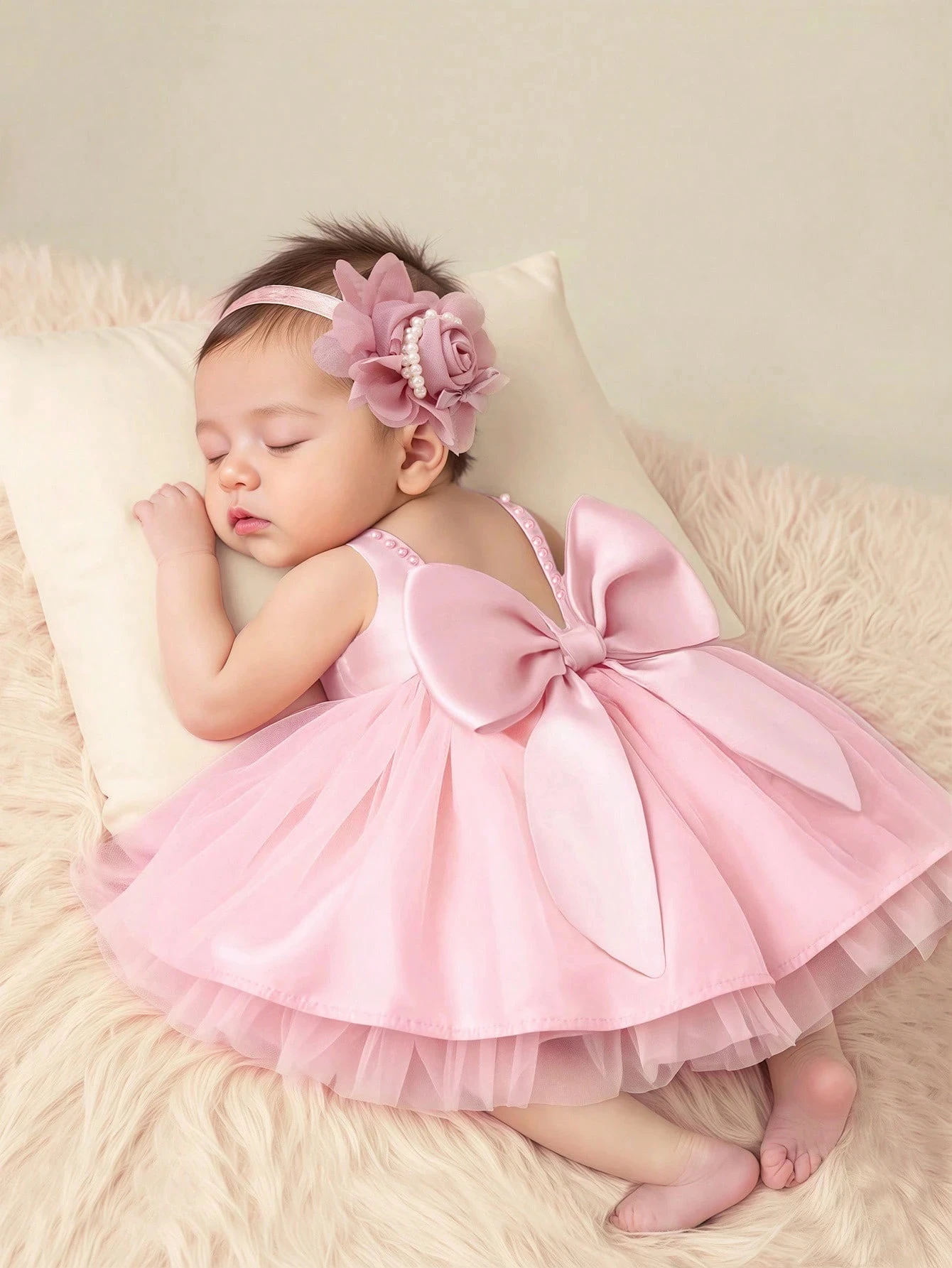 

Реквизит для фотосъемки новорожденных, наряд для маленьких девочек, платье в жемчужном стиле с повязкой на голову с цветком розы, подарок для детской фотосессии на детский душ