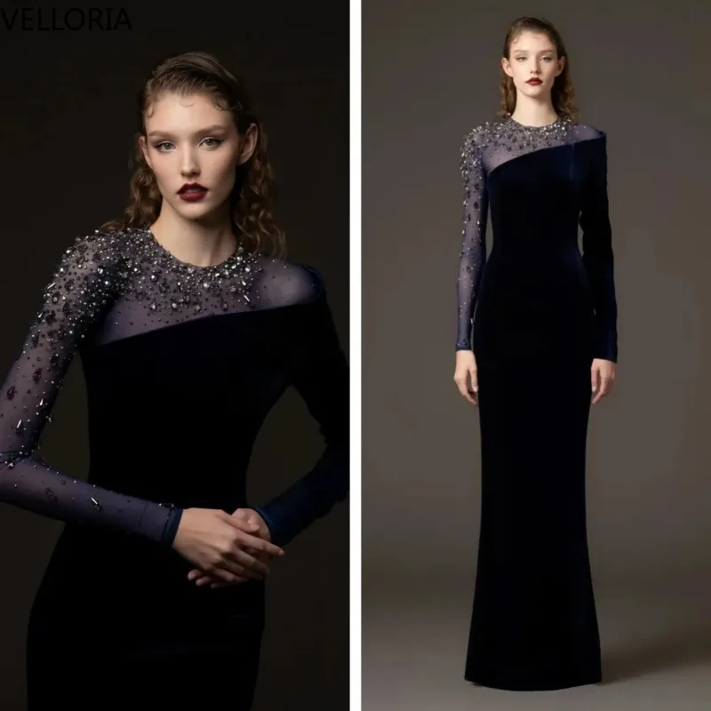 Moderne avondjurk lange mouwen kristallen kralen feestjurk vloerlengte speciale gelegenheid Saoedi-galajurk op maat