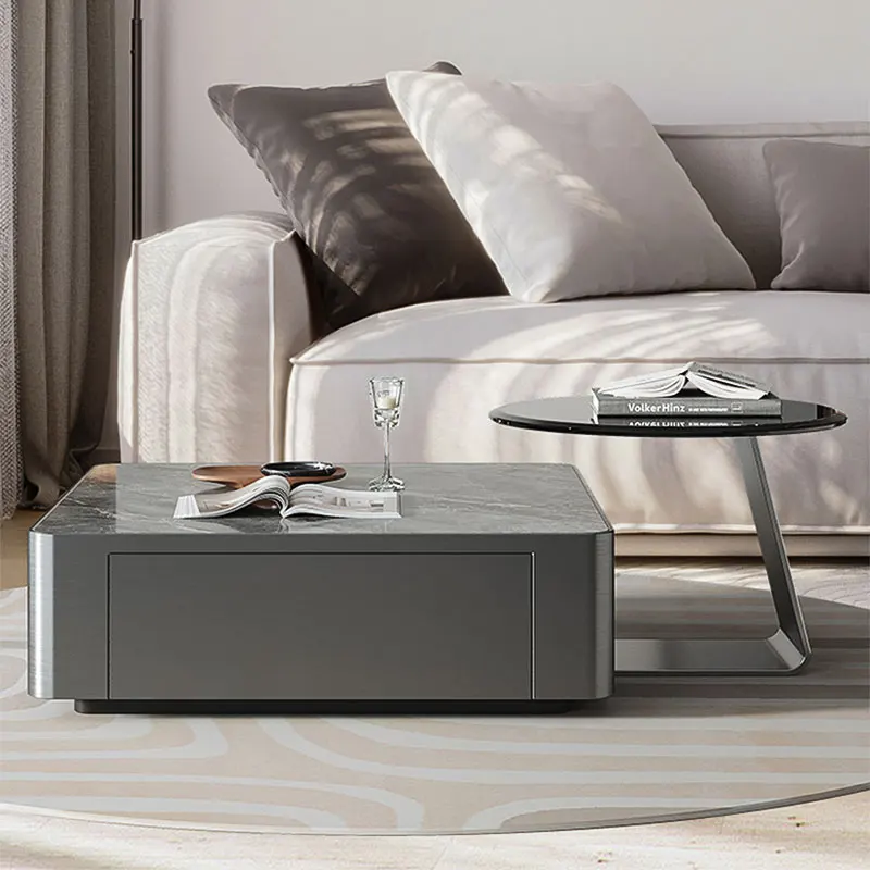 

Coffee Table Home Living Room Small Apartment Square Brushed Stainless Steel Coffee Table Combination