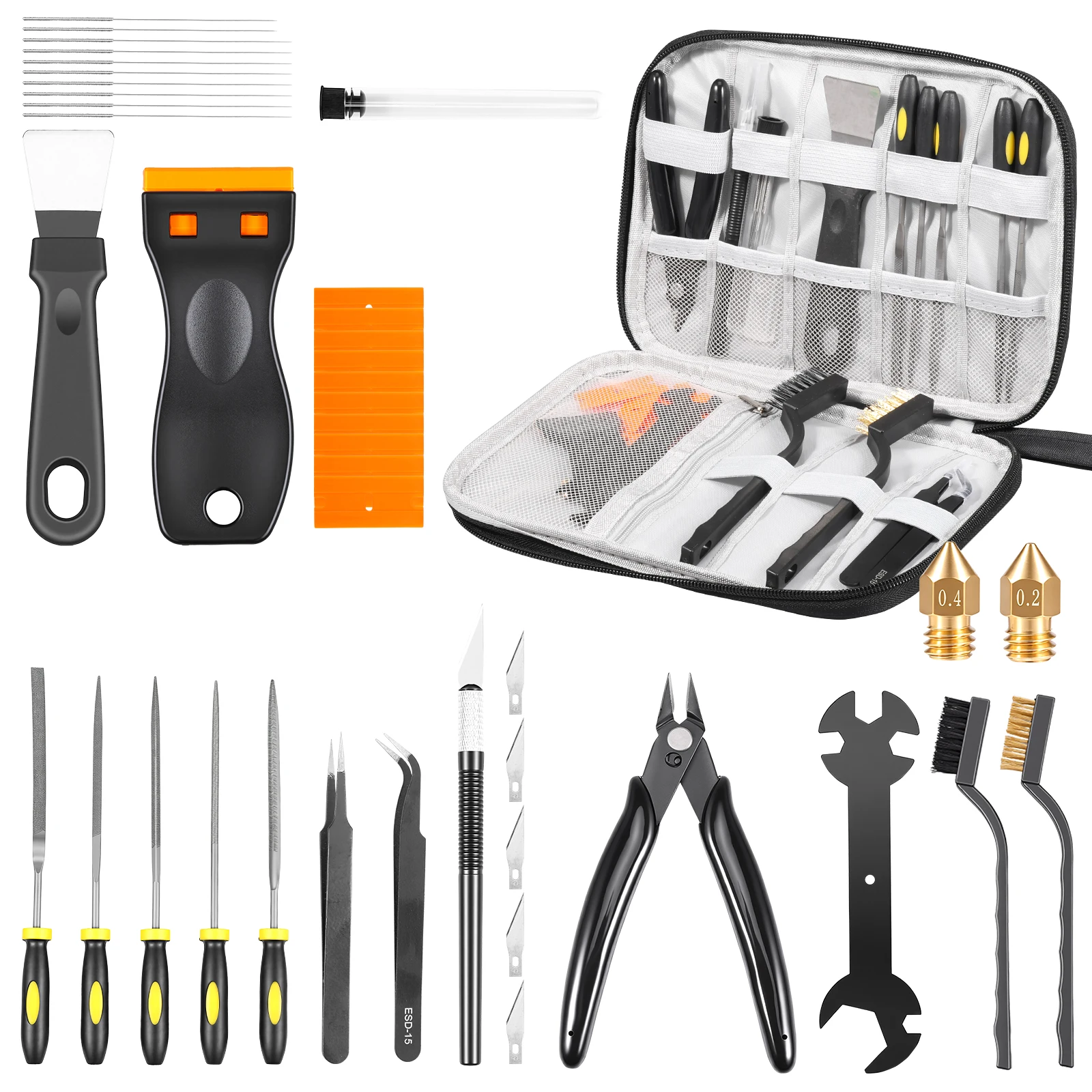 

3D Printer Tool Kit Multipurpose 3D Printer Nozzle Cleaning Set with Brass Nozzle Brush Wrench Wire Cutter Files Engraving Knife