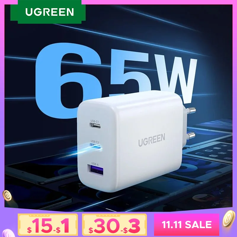 UGREEN 65W PD Charger Quick Charge 4.0 3.0 Type C PD USB Charger for iPhone 16 15 14 Pro Max Fast Charger For Laptop PD Charger