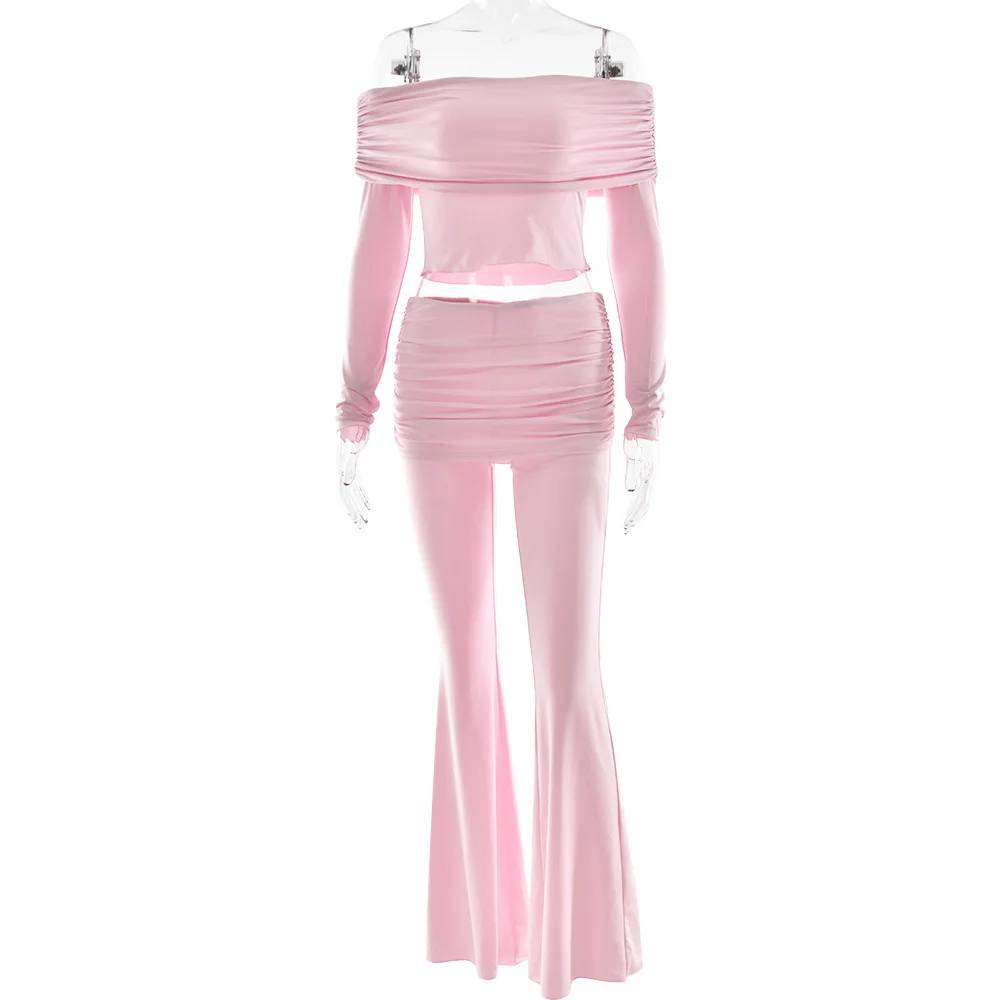Pantaloni lunghi da donna a maniche lunghe sexy con una spalla Set da 2 pezzi Primavera Estate Pantaloni lunghi che abbracciano l'anca sottile Elegante set da festa femminile
