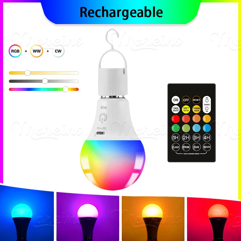 

Цветная USB светодиодная лампа RGB, перезаряжаемая лампа, умная лампа с регулируемой яркостью, лампы E27 с таймером, беспроводная лампочка на батарейках