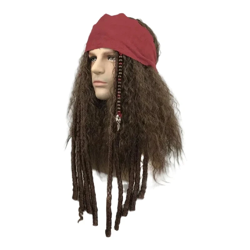 Peruca Pirata Cosplay Jack Sparrow Capitão com Acessórios Completos Cabelo Sintético para Festa de Halloween